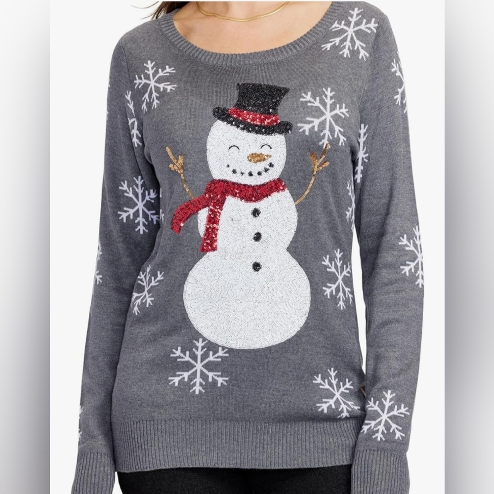 Tipsy Elves Gray Snowman Snowflake Sequined Crewneck LS Sweater EUC Size Medium